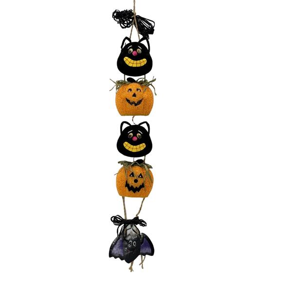 Vintage Other - Halloween VTG Melted Plastic Popcorn Light Up Pumpkin Black Cat Wall Hanging